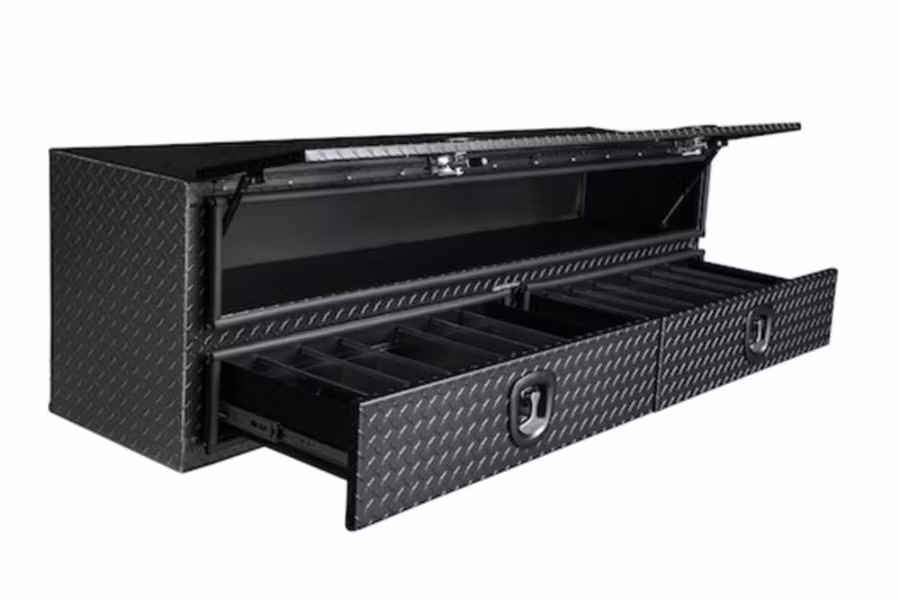 10569-buyers-topsiders-textured-matte-black-diamond-tread-aluminum-hd-flatbed-contractor-w-lower-drawers-2.jpg Buyers Topsiders Textured Matte Black Diamond Tread Aluminum HD Flatbed Contractor w/Lower Drawers