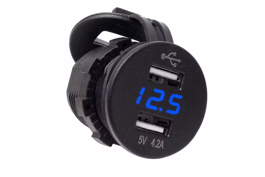 1960-race-sport-dual-port-usb-socket-with-voltmeter-in-blue-led-2-port-usb-socket-4.2a-1.jpg Race Sport Dual port USB socket with voltmeter in Blue LED - 2 Port USB Socket 4.2A