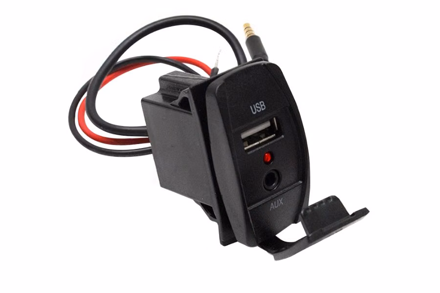 Race Sport Dual Port Rocker Panel size with (1) USB Power port and (1) 3.5mm AUX input