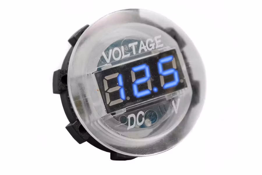 Race Sport White Digital Volt Meter Round Gauge with Blue LED Lighting - 12 volt operation range