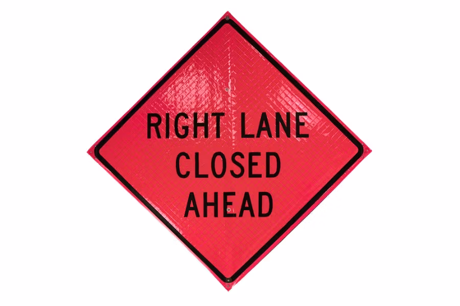 Sign and Safety Equipment Pink Retroreflective Vinyl "Right / Left Lane Closed Ahead" Roll-Up Sign