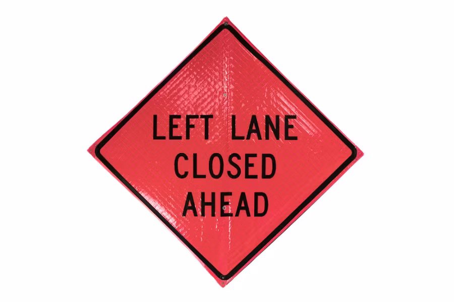 Sign and Safety Equipment Pink Retroreflective Vinyl "Left Lane Closed Ahead" Roll-Up Sign