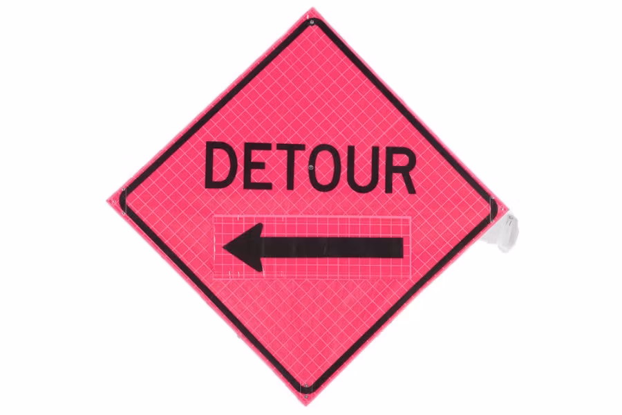 5551-sign-amp-safety-equipment-pink-retroreflective-vinyl-quot-detour-quot-roll-up-sign-1.jpg Sign & Safety Equipment Pink Retroreflective Vinyl "Detour" Roll-Up Sign
