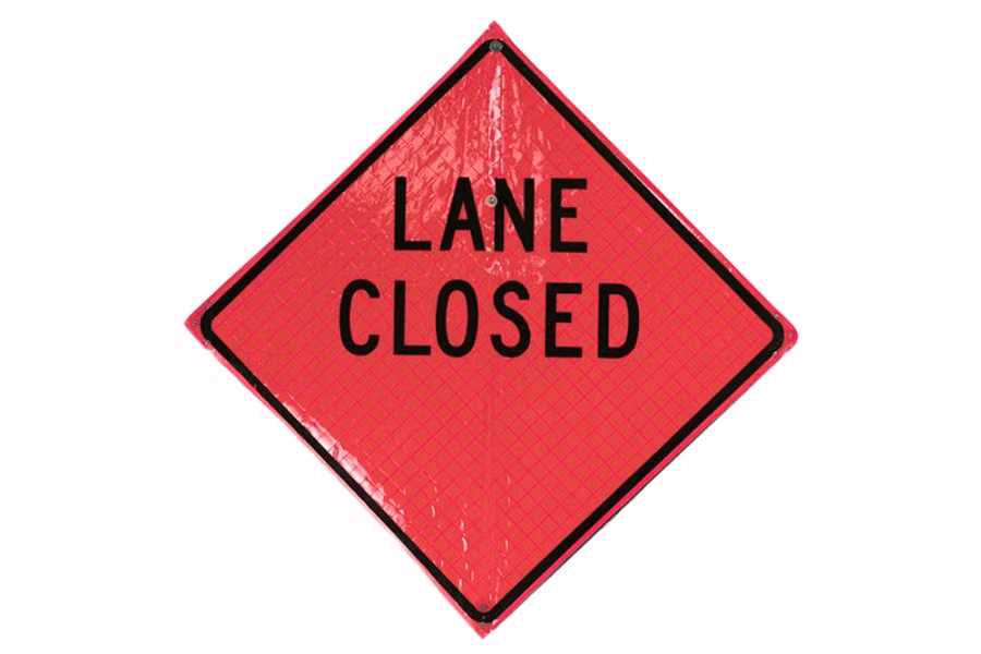 5554-sign-and-safety-equipment-pink-retroreflective-vinyl-quot-lane-closed-quot-roll-up-sign-1.jpg Sign and Safety Equipment Pink Retroreflective Vinyl "Lane Closed" Roll-Up Sign