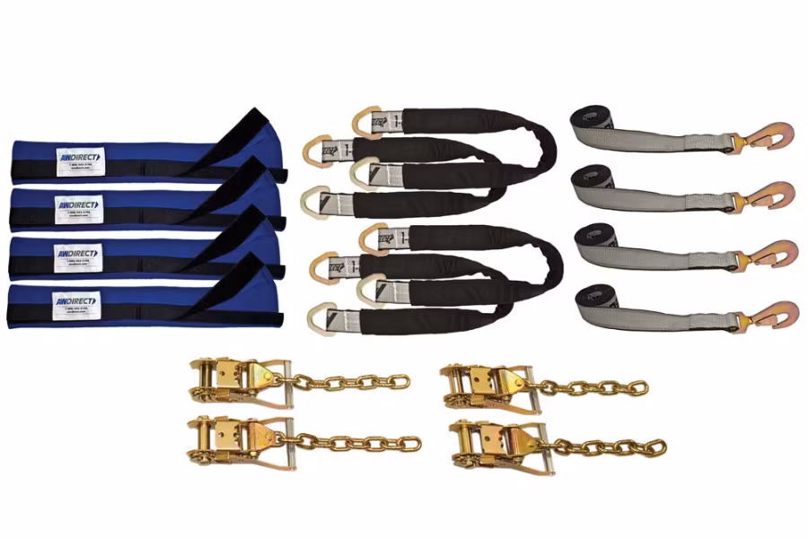 AW Direct 4-Point Tie-Down Kit, Axle Straps, Straps w/ Twisted Snap Hooks and 
Ratchets with Chain