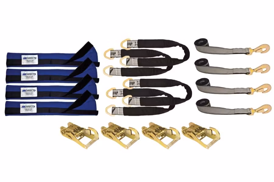 AW Direct 4-Point Tie-Down Kit, Axle Straps, Straps w/ Twisted Snap Hooks and Ratchets with Snap Hooks